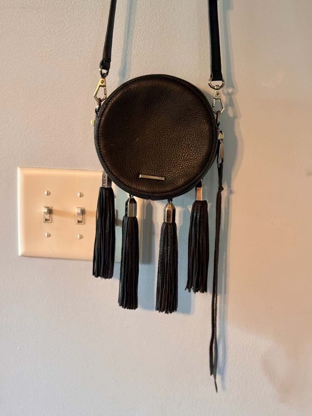 Boho Festival Tassel Circle Crossbody Bag | Black Leather Fringe Purse - Picture 6 of 10
